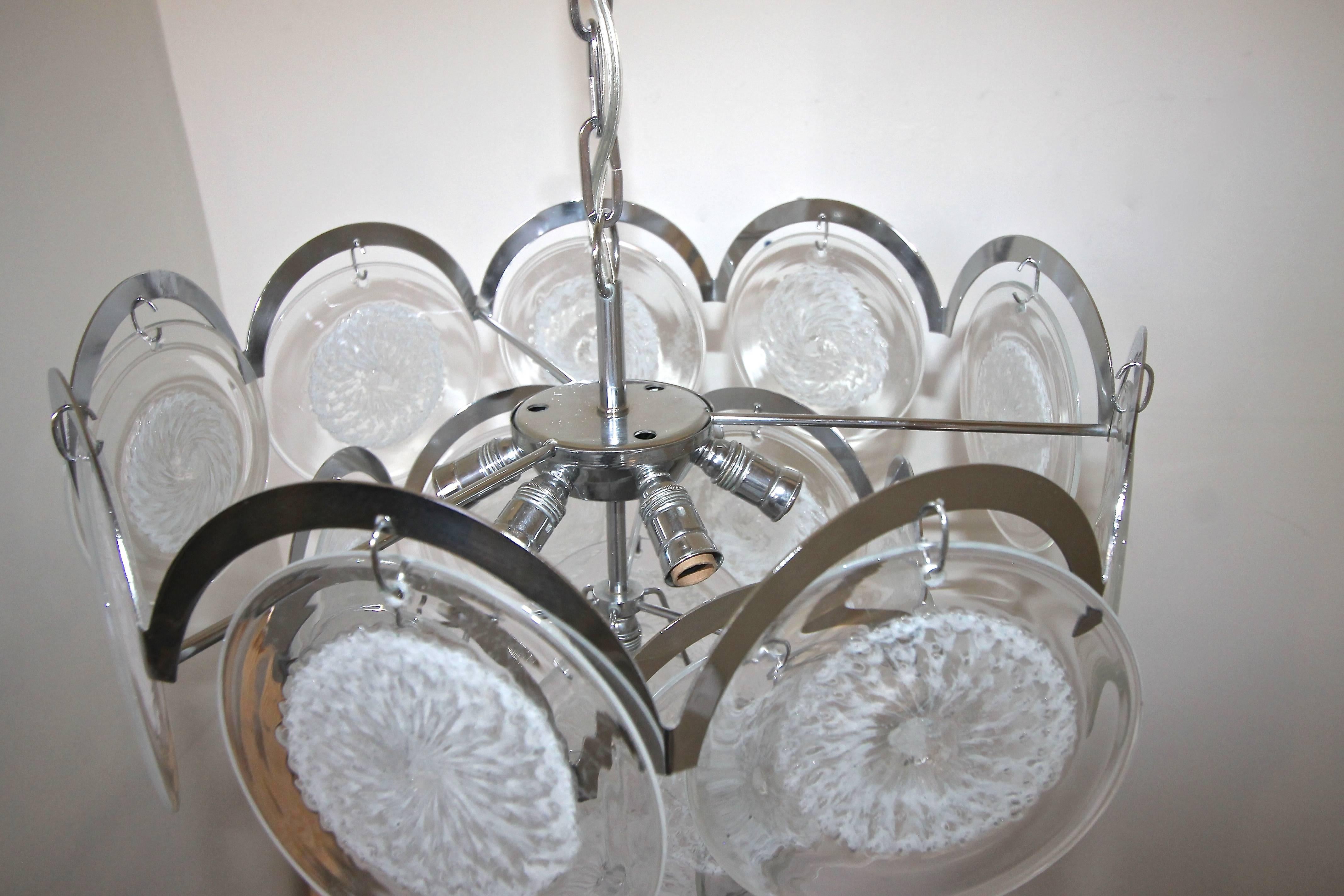 Murano Vistosi Style Clear and Swirled White Disk Chandelier 2