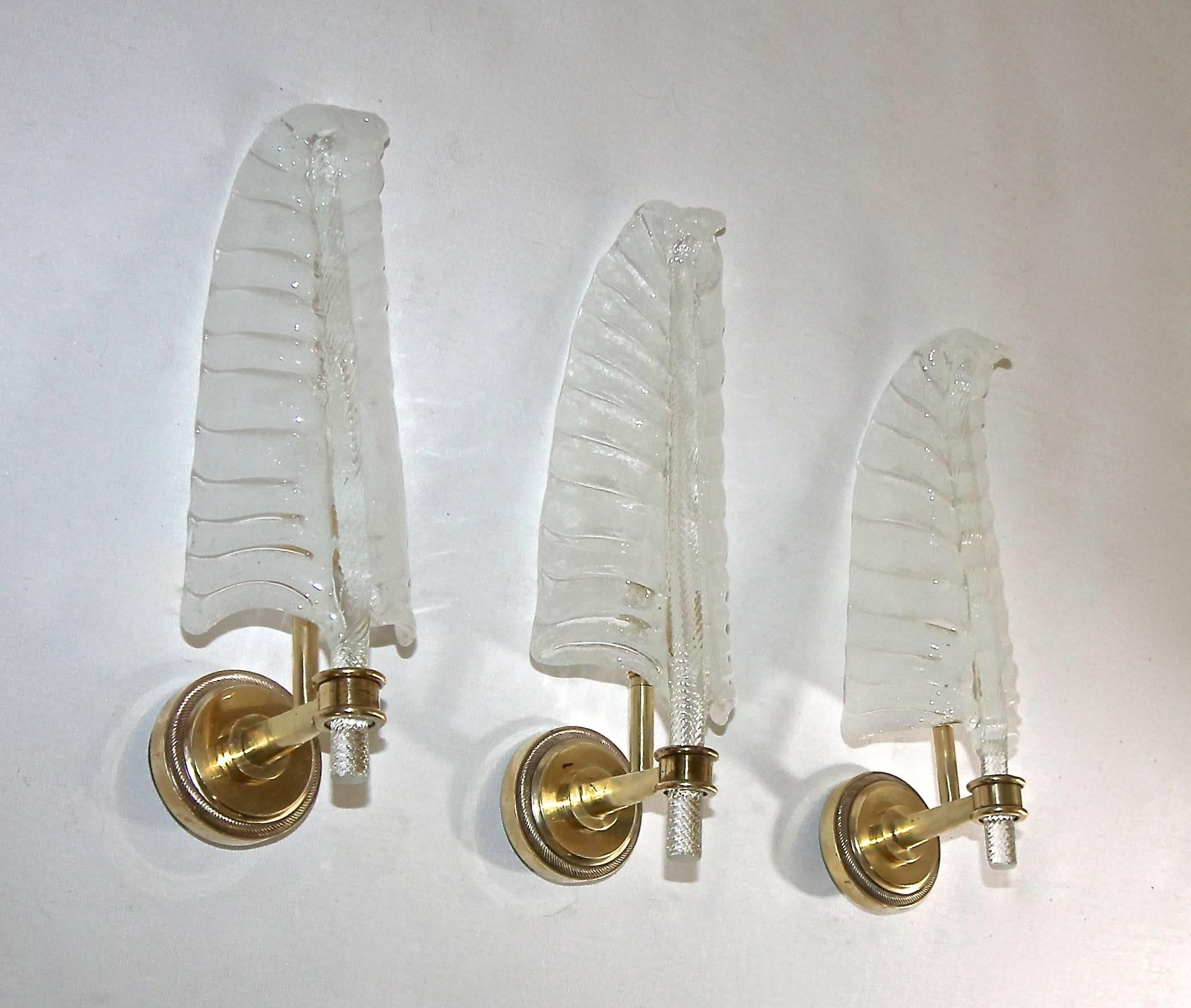 Three Barovier Murano Glass Leaf Wall Sconces In Excellent Condition In Dallas, TX