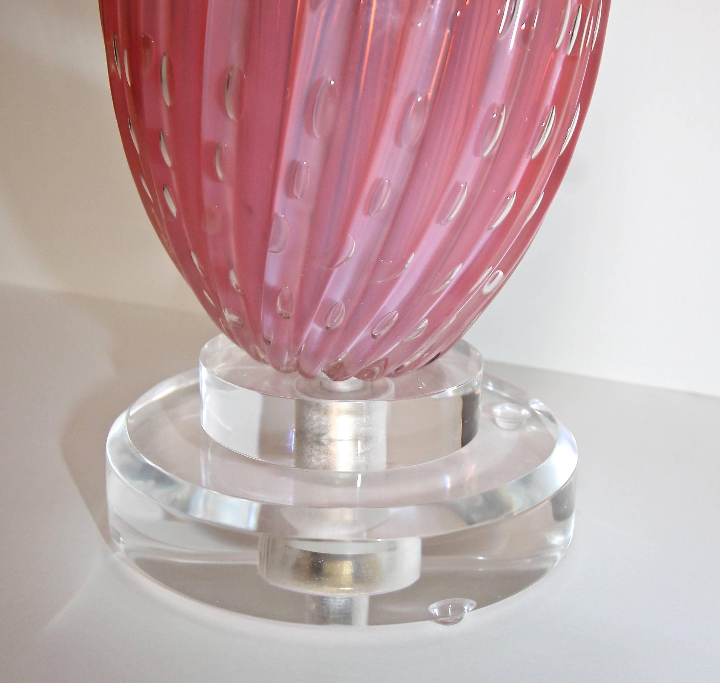Brass Italian Murano Glass Barbini Pink Control Bubble Table Lamp