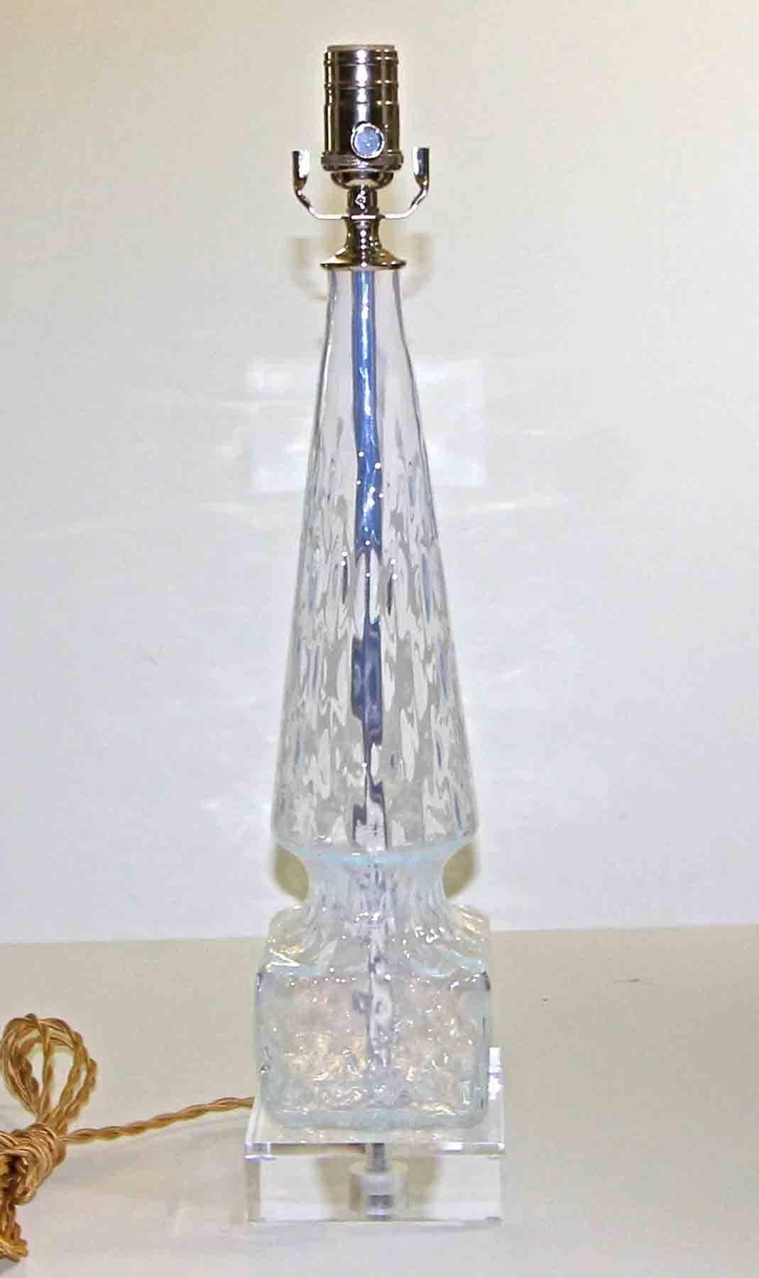 Murano handblown opalescent glass lamp in obelisk form with diamond pattern to glass. Newly wired for US on custom acrylic base with French style rayon covered twisted cord and nickel plated fittings.

Height to top of glass is 17.5
