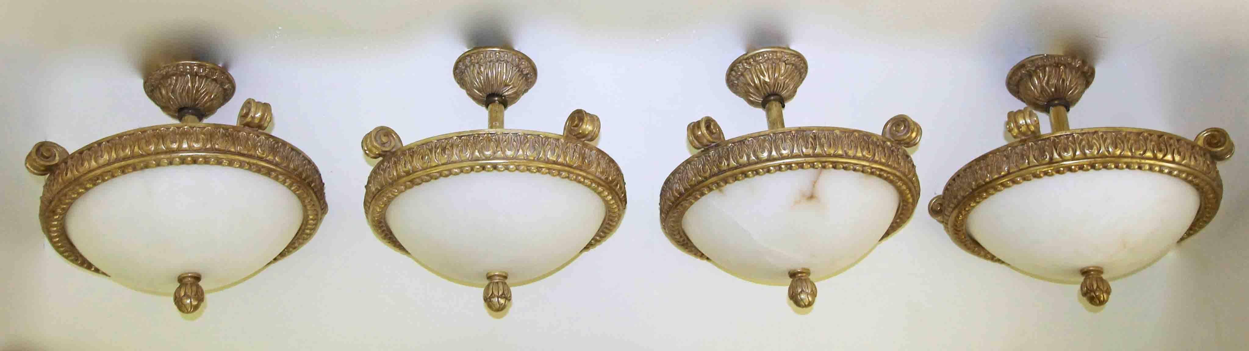 Neoclassical Set of Four Giltwood Alabaster Pendant Ceiling Lights