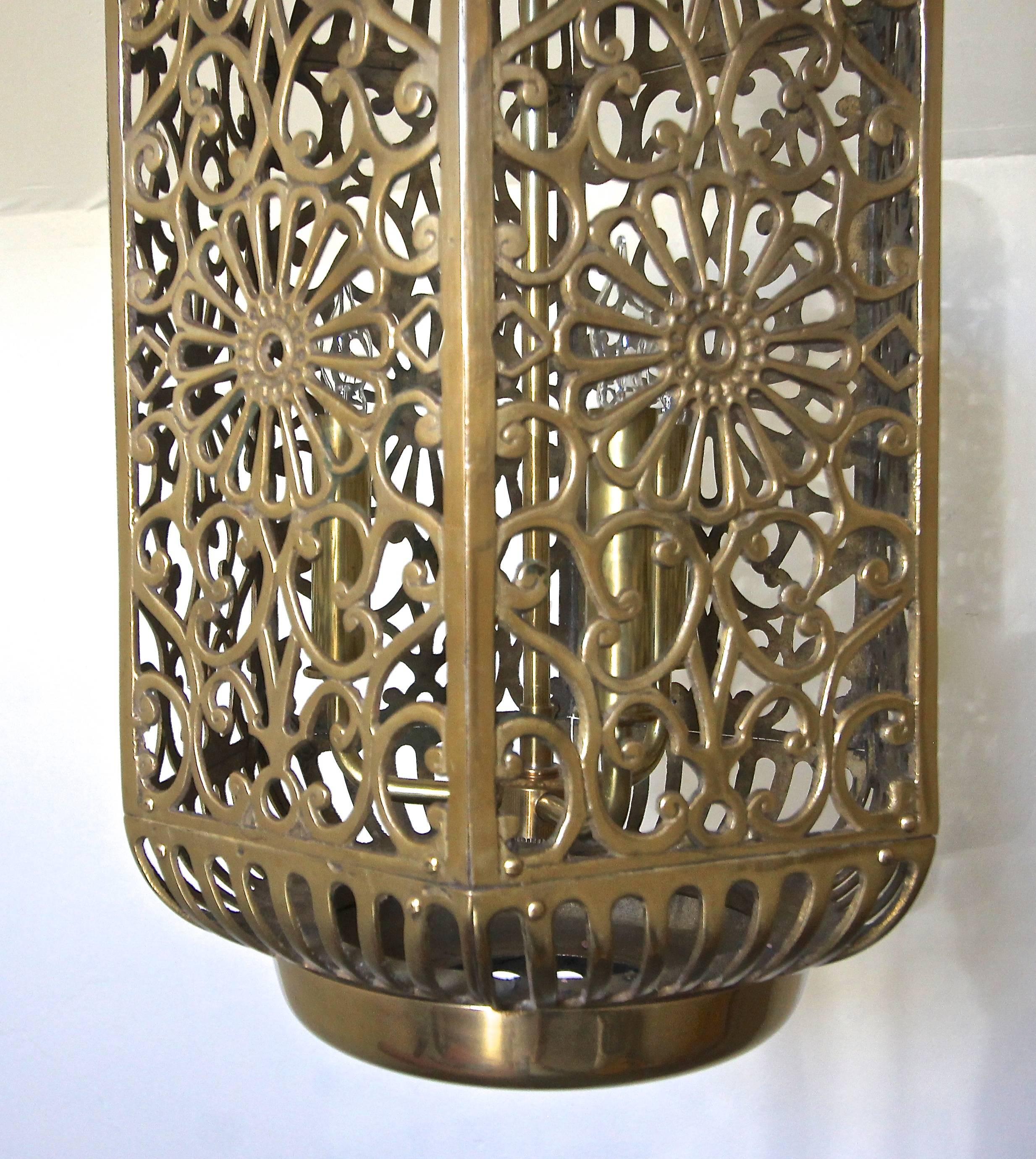 Mid-20th Century Large Pierced Filigree Brass Japanese Asian Ceiling Pendant Light For Sale