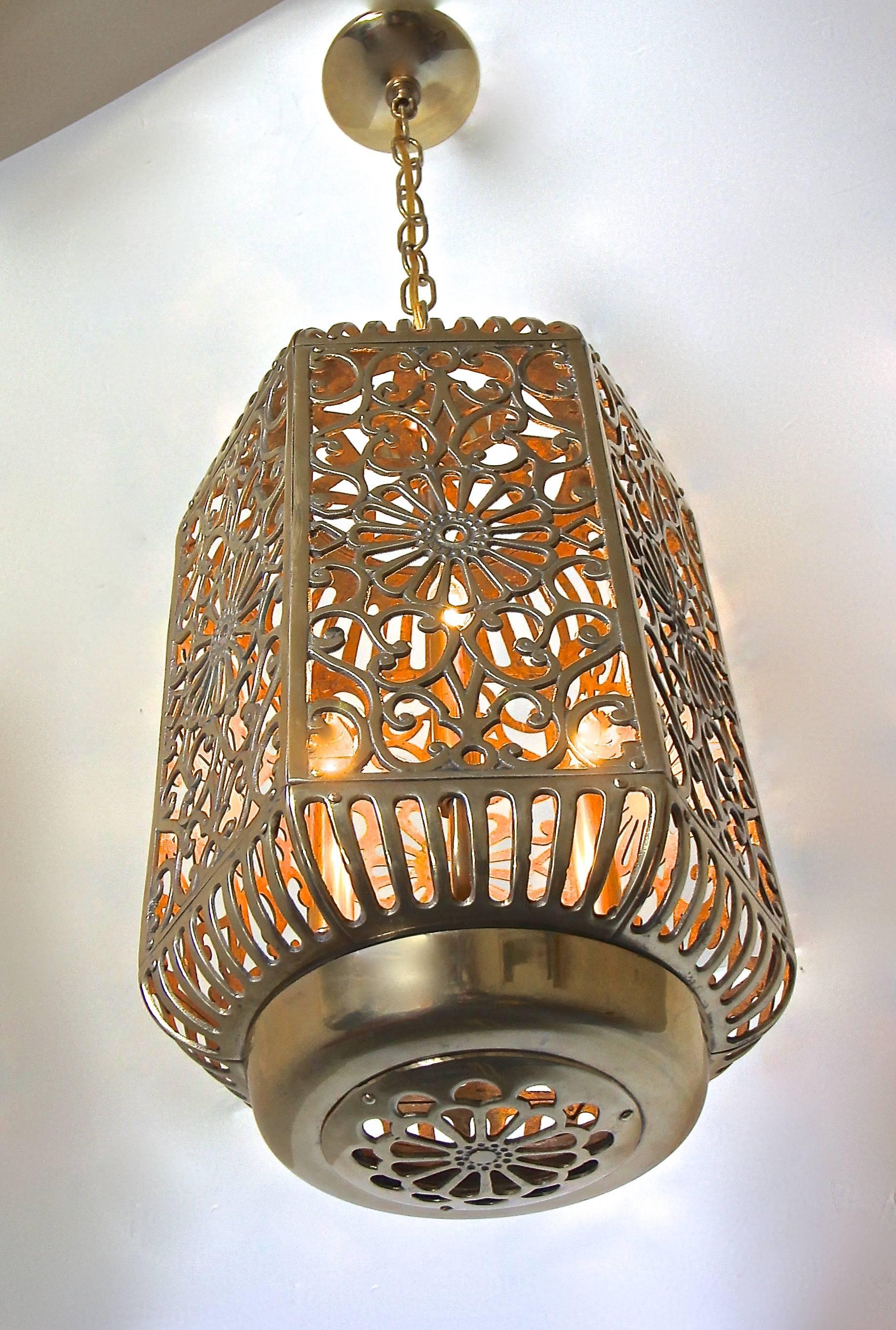 Lacquered Large Pierced Filigree Brass Japanese Asian Ceiling Pendant Light For Sale