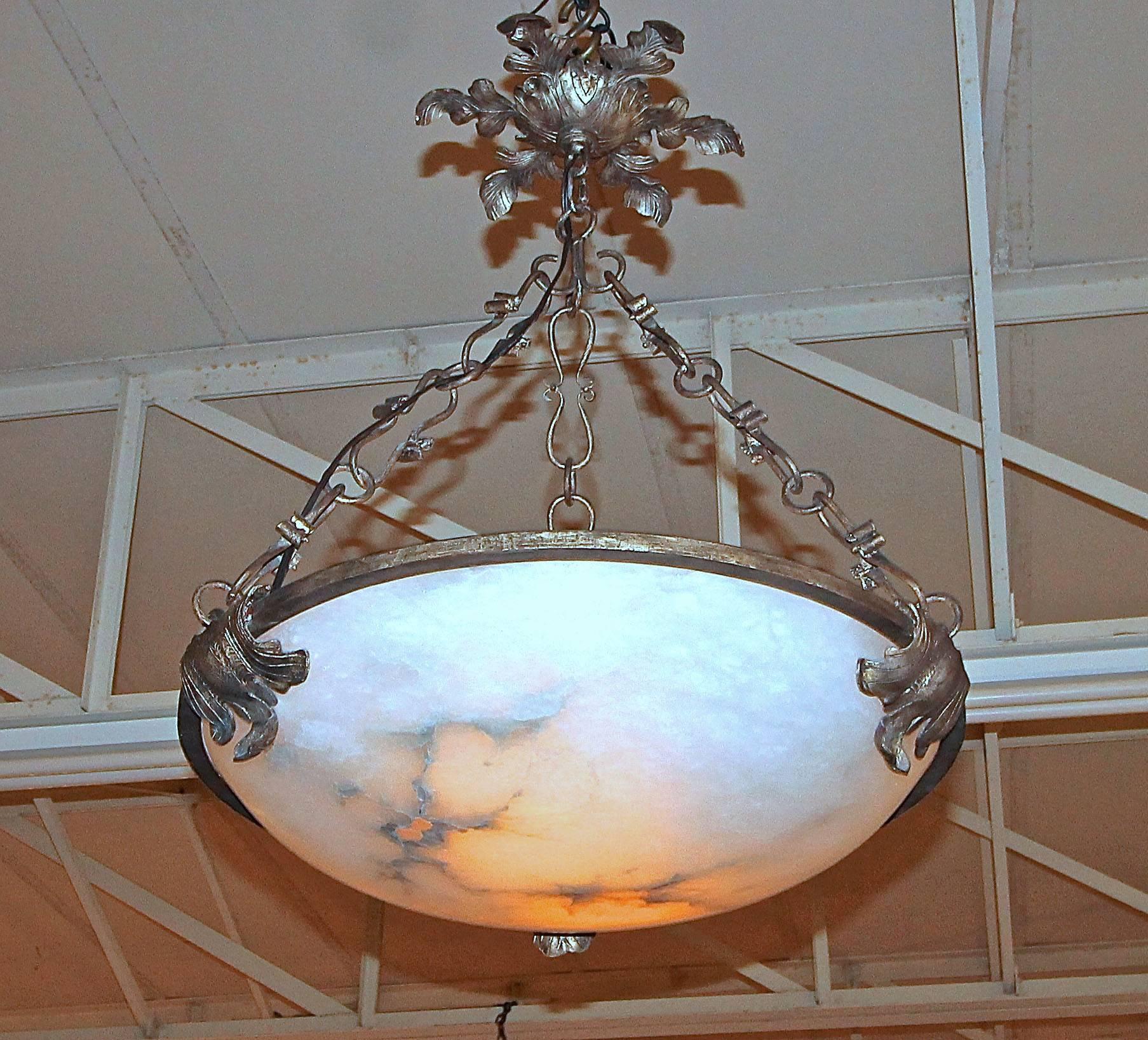 Pair of Large Alabaster and Wrought Iron Pendant Lights 1