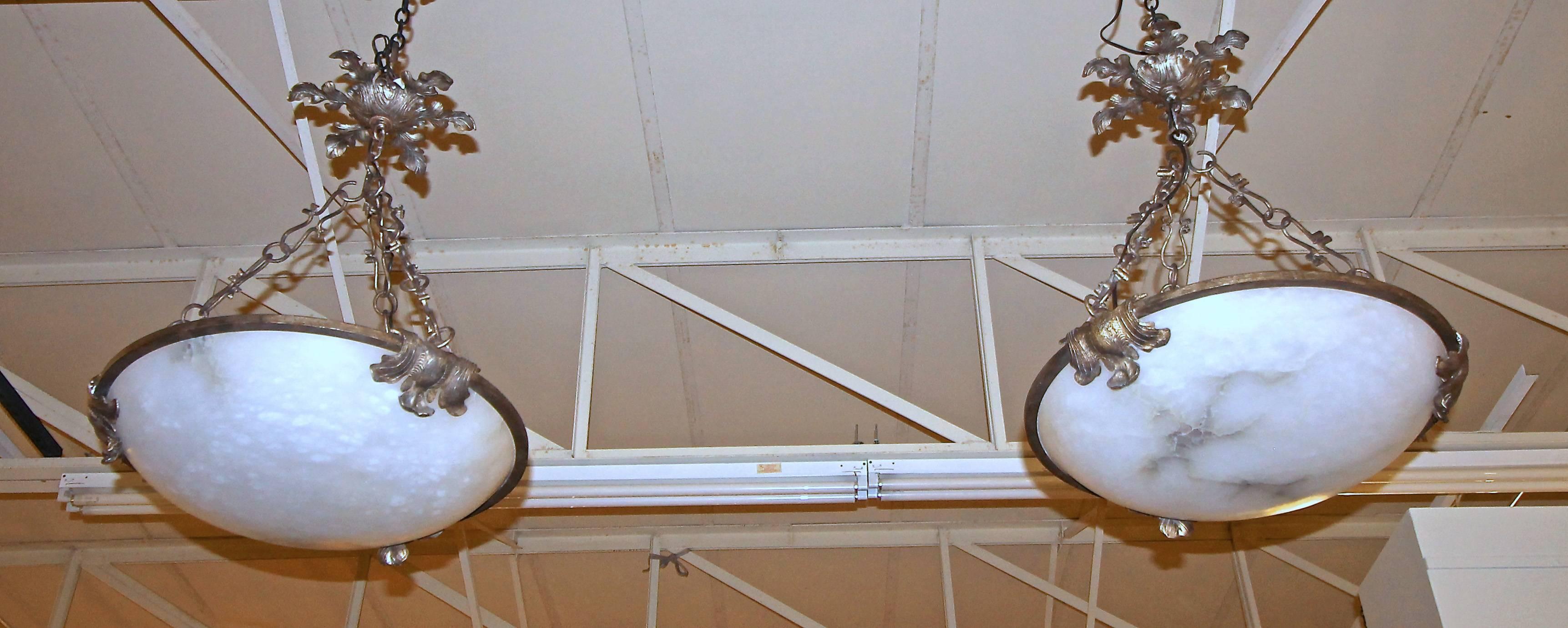 American Pair of Large Alabaster and Wrought Iron Pendant Lights