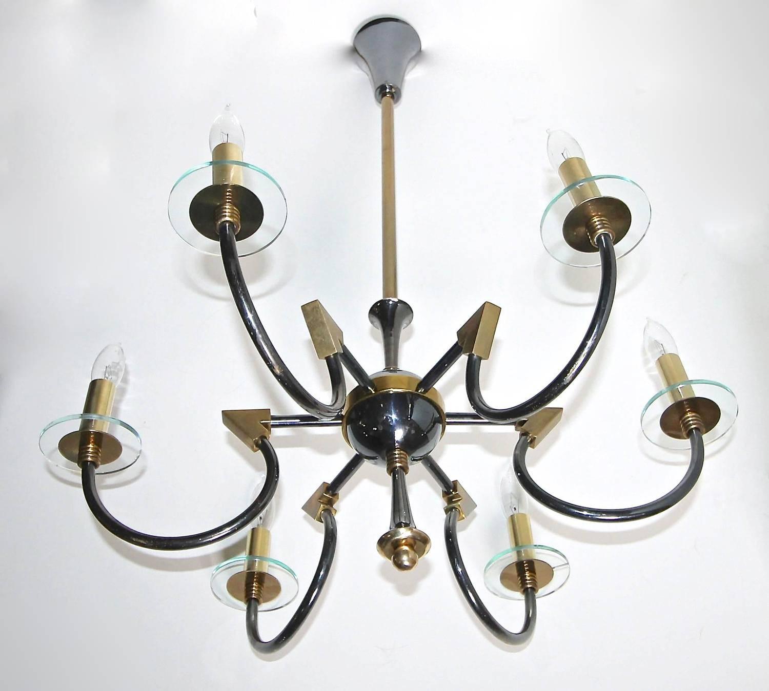 Mid-20th Century French Moderne Patinated Brass Chandelier by Maison Lunel For Sale