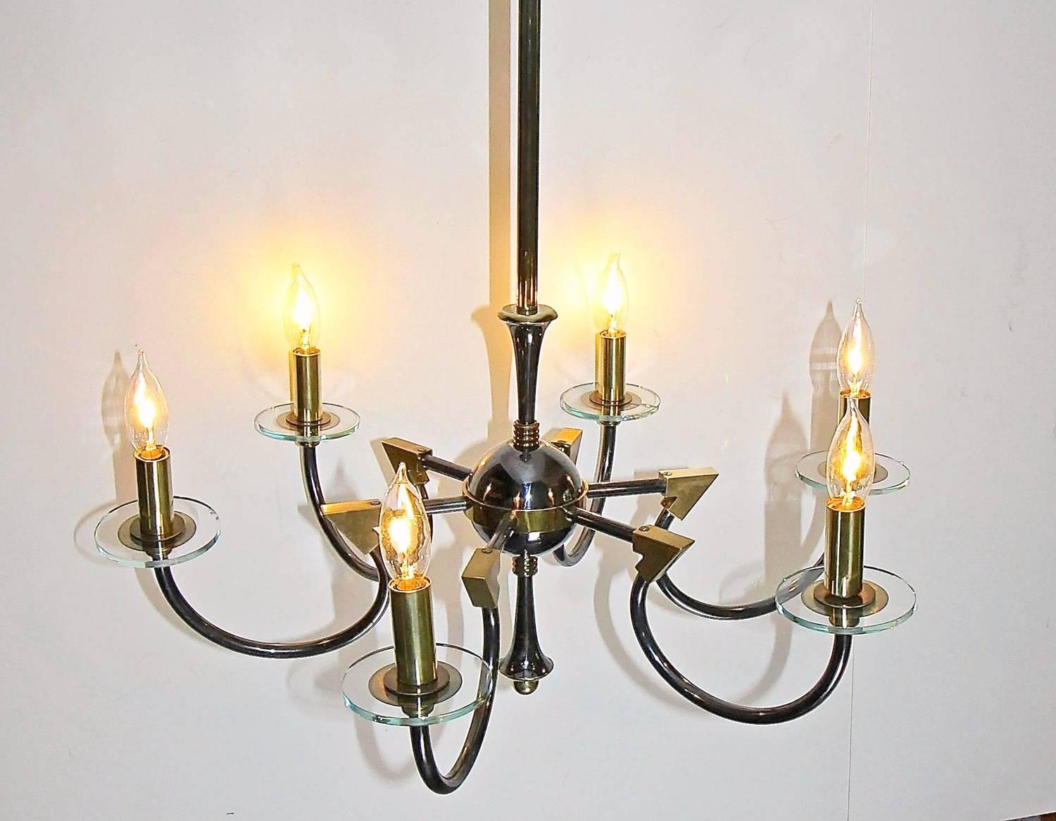 French Moderne Patinated Brass Chandelier by Maison Lunel In Good Condition For Sale In Palm Springs, CA