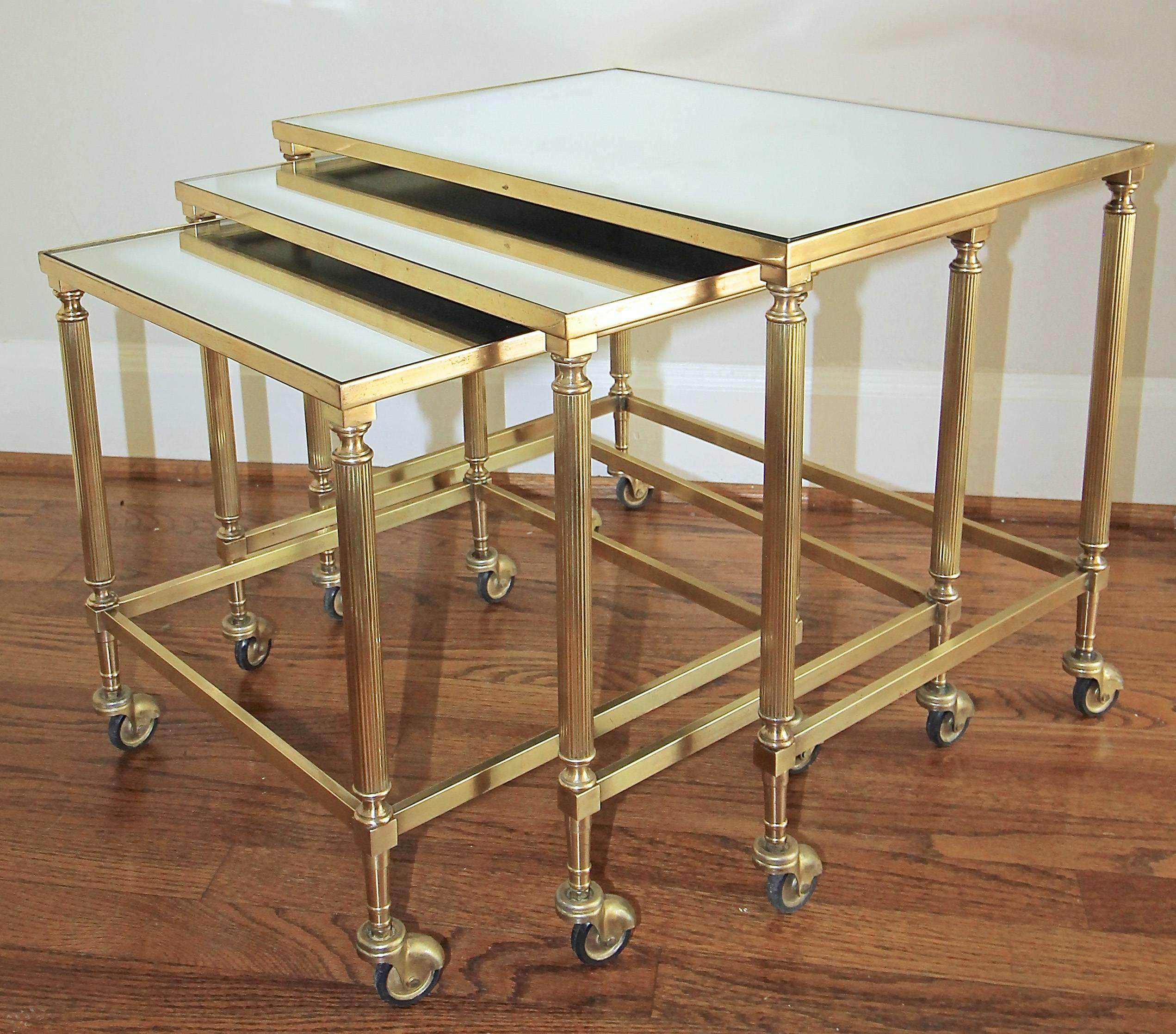 Trio of French Brass Mirrored Top Nesting Tables For Sale 5