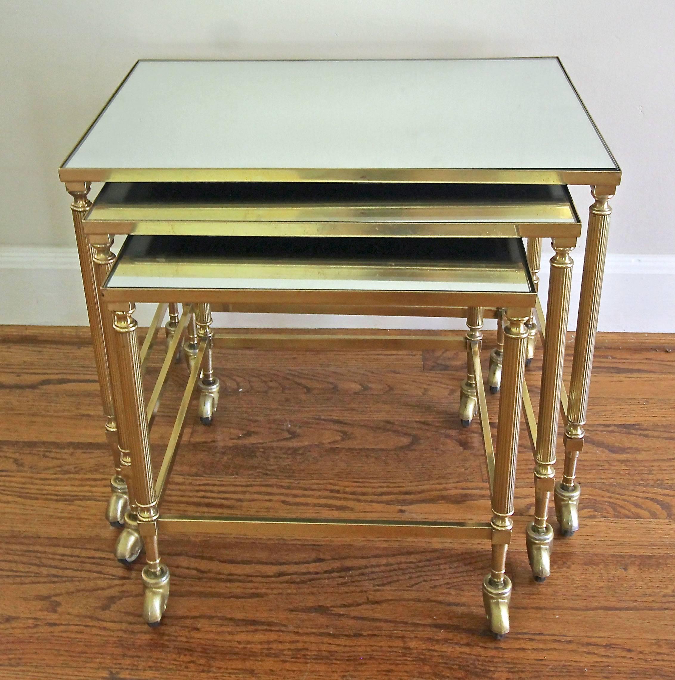 Mid-20th Century Trio of French Brass Mirrored Top Nesting Tables For Sale