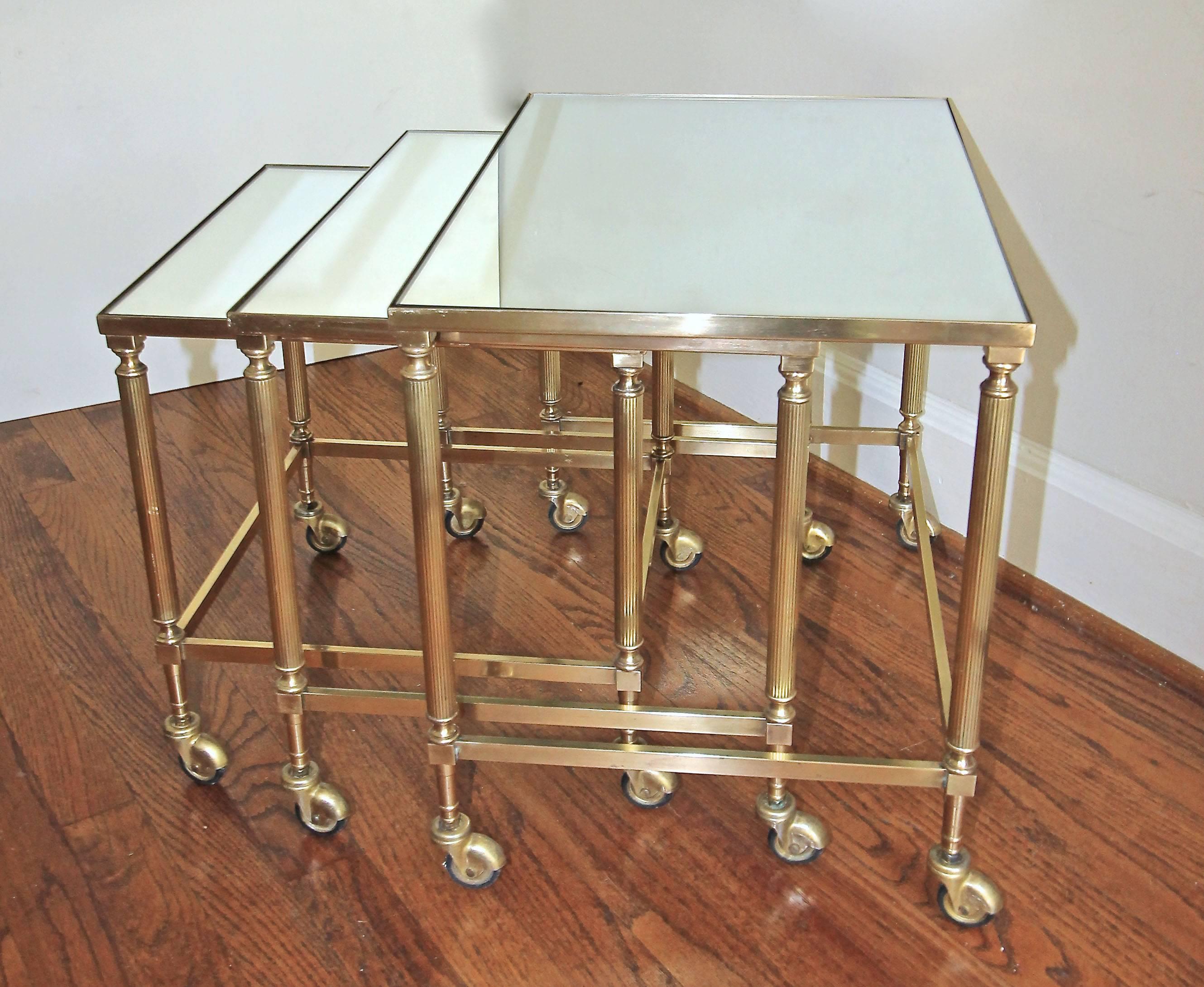 Trio of French Brass Mirrored Top Nesting Tables In Good Condition For Sale In Dallas, TX