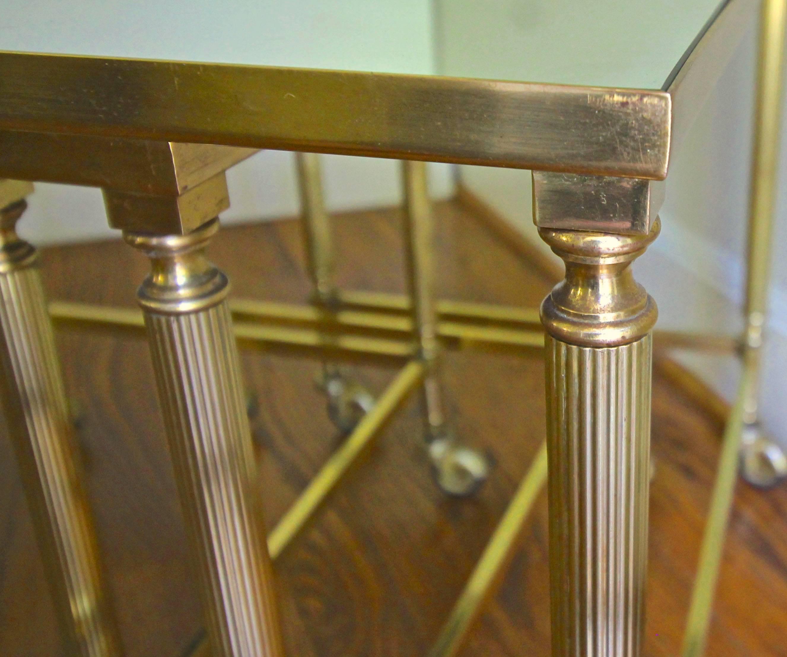 Trio of French Brass Mirrored Top Nesting Tables For Sale 3
