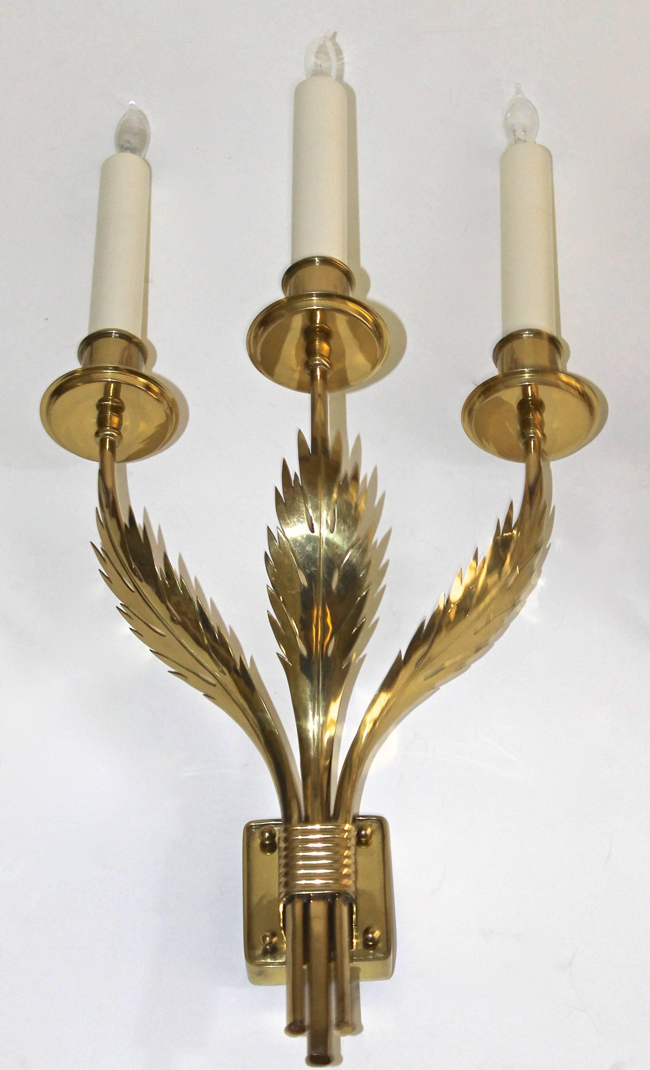 Lacquered Rare Pair of Large Brass Tommi Parzinger Originals Acanthus Leaf Wall Sconces