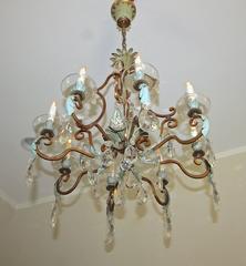 French Aqua and Gilt Iron Cage Form Crystal Chandelier