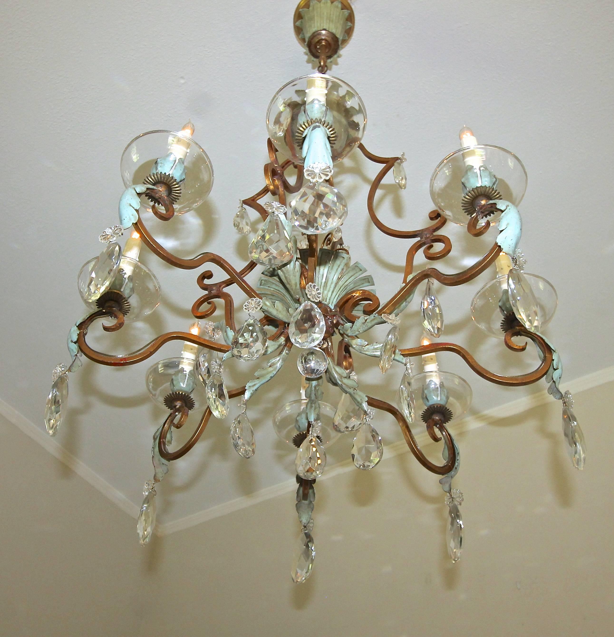 French Aqua and Gilt Iron Cage Form Crystal Chandelier In Good Condition For Sale In Dallas, TX