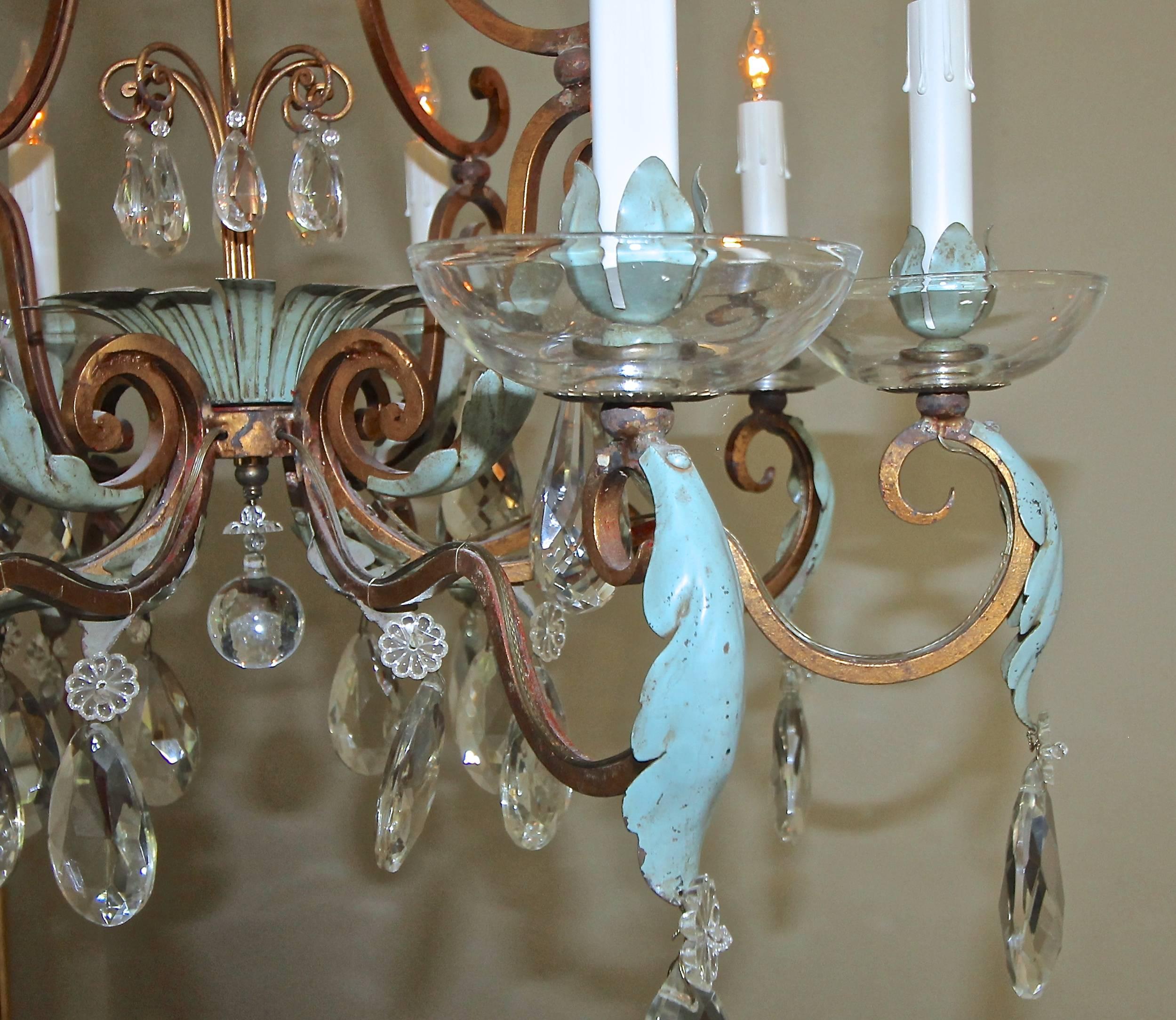 French Aqua and Gilt Iron Cage Form Crystal Chandelier For Sale 3