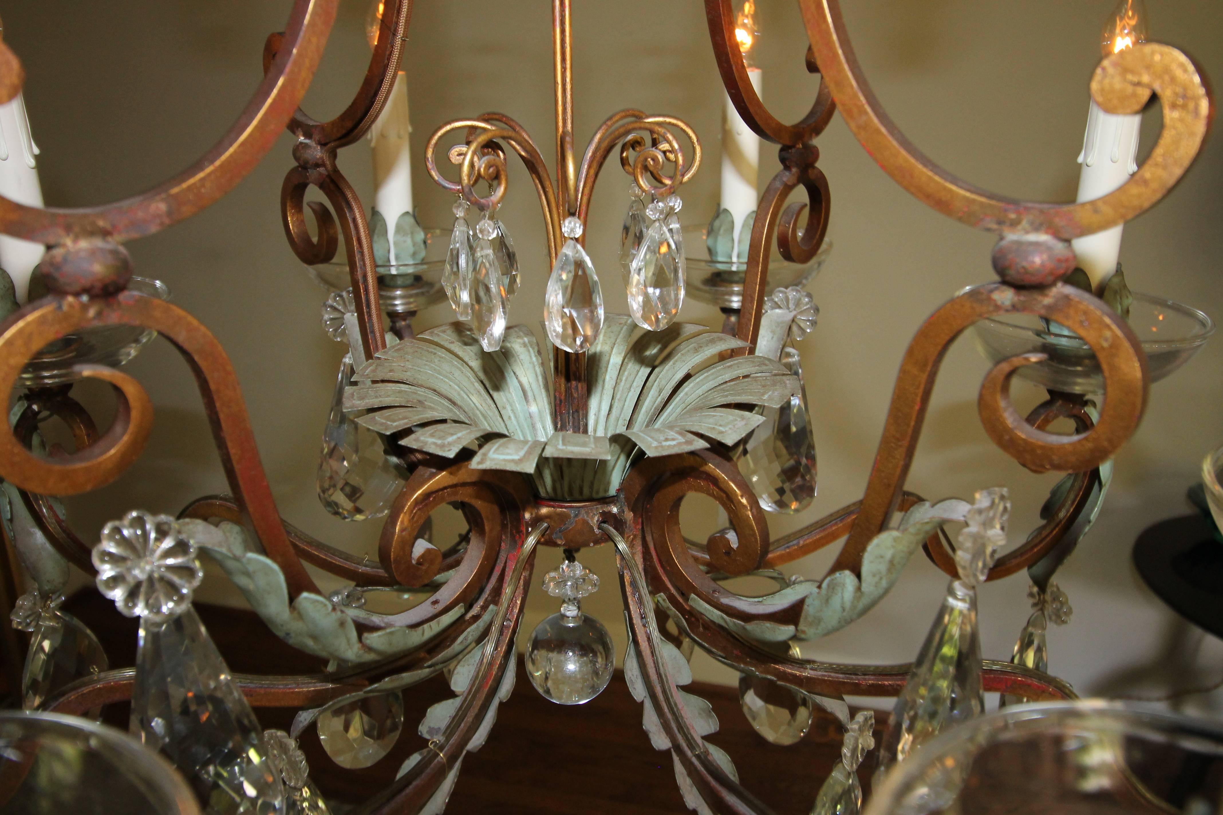 Early 20th Century French Aqua and Gilt Iron Cage Form Crystal Chandelier For Sale