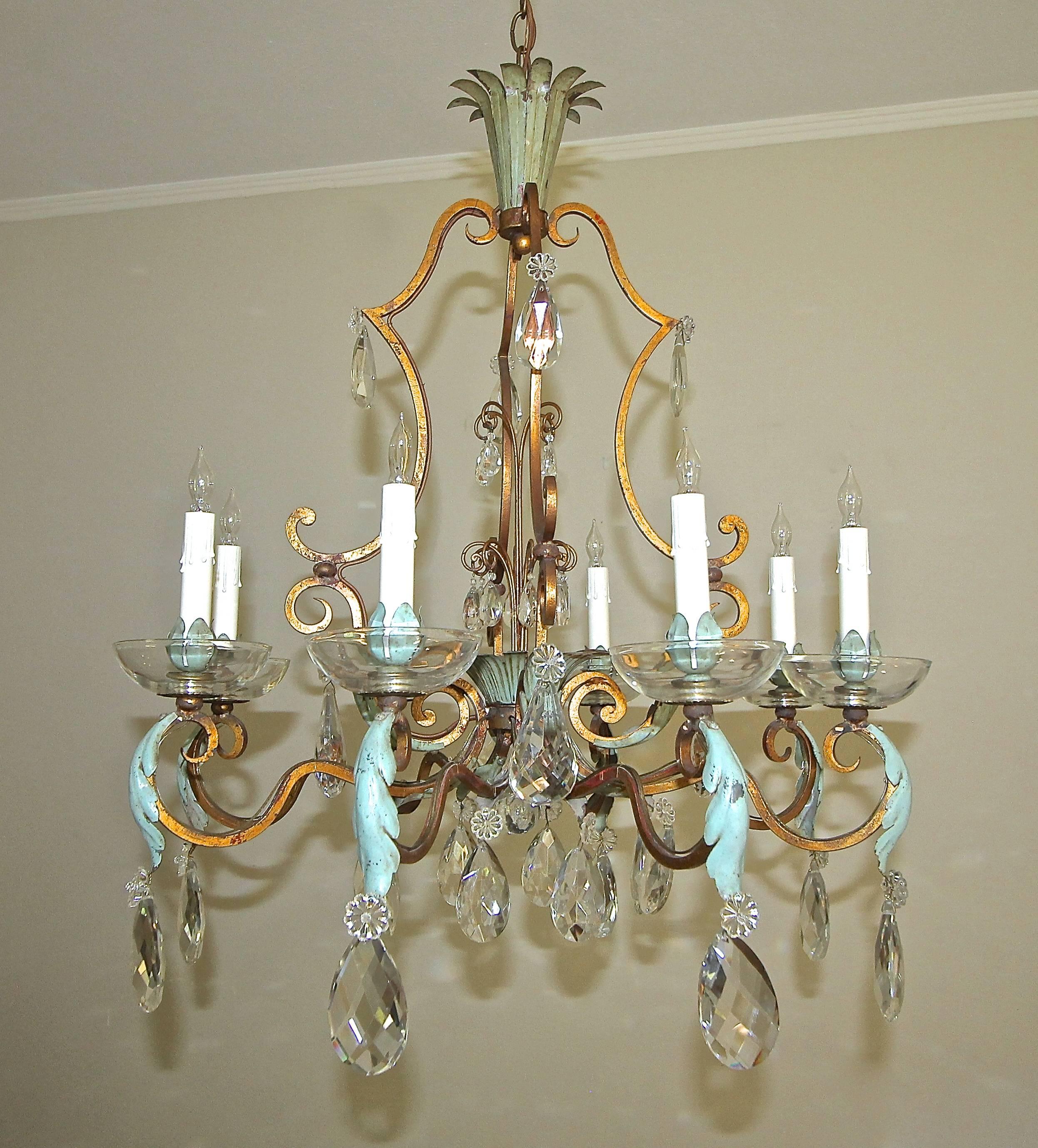 French Aqua and Gilt Iron Cage Form Crystal Chandelier For Sale 1