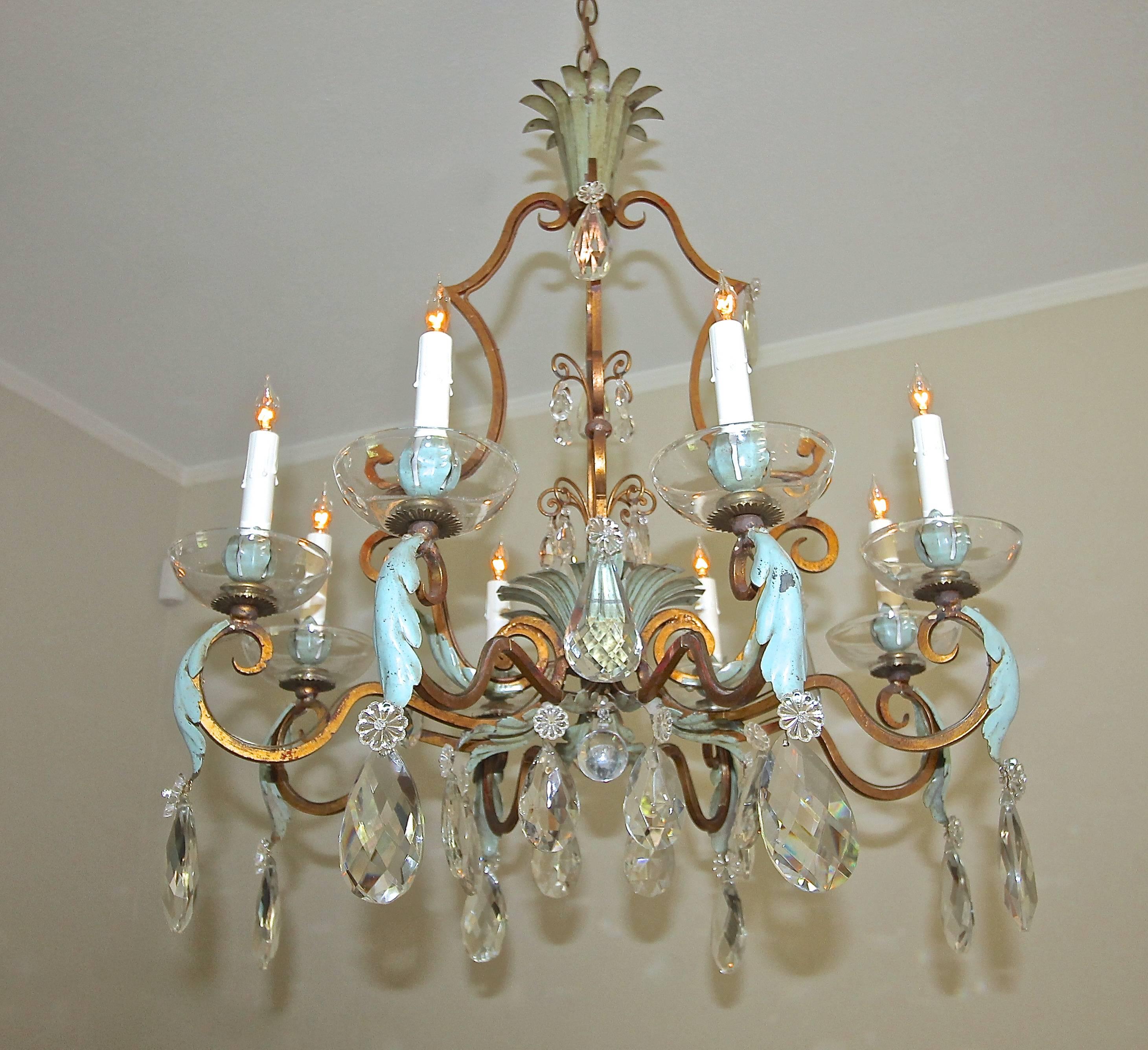 French Aqua and Gilt Iron Cage Form Crystal Chandelier For Sale 5