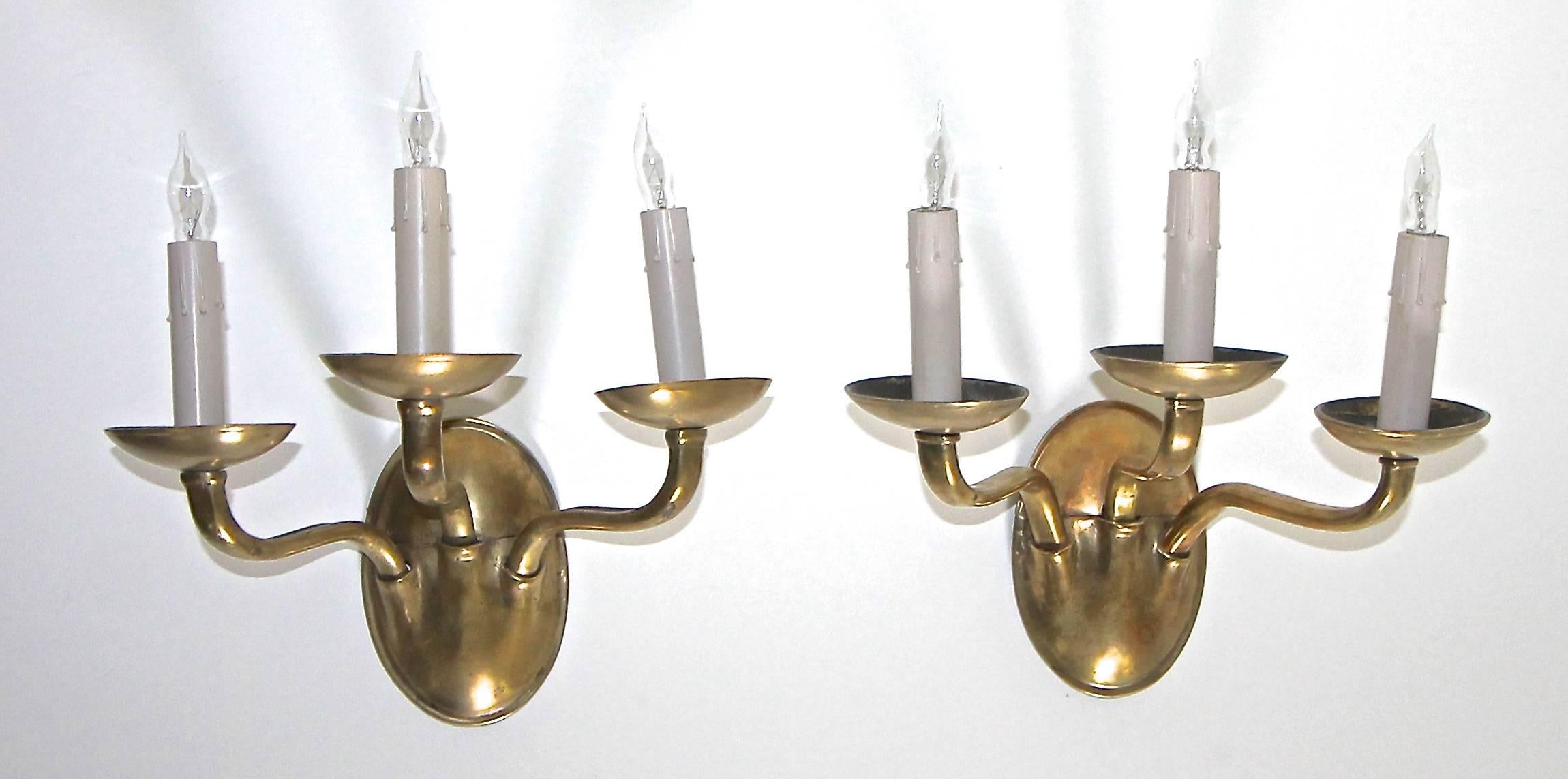 Pair of E F Caldwell Arts & Crafts Three-Arm Brass Wall Sconces 5