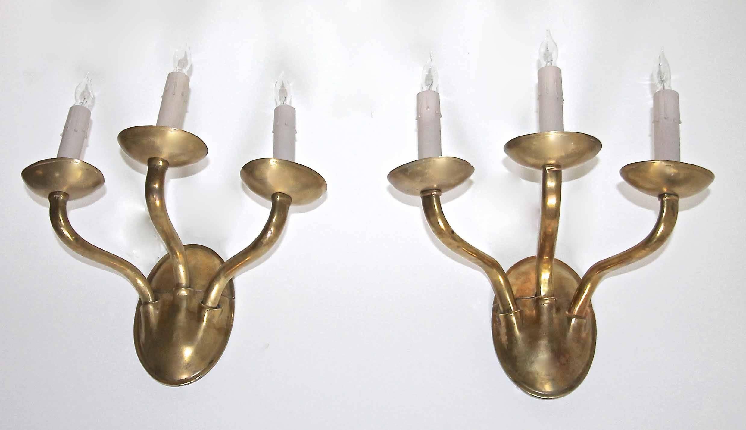 Pair of E F Caldwell Arts & Crafts Three-Arm Brass Wall Sconces In Good Condition In Palm Springs, CA