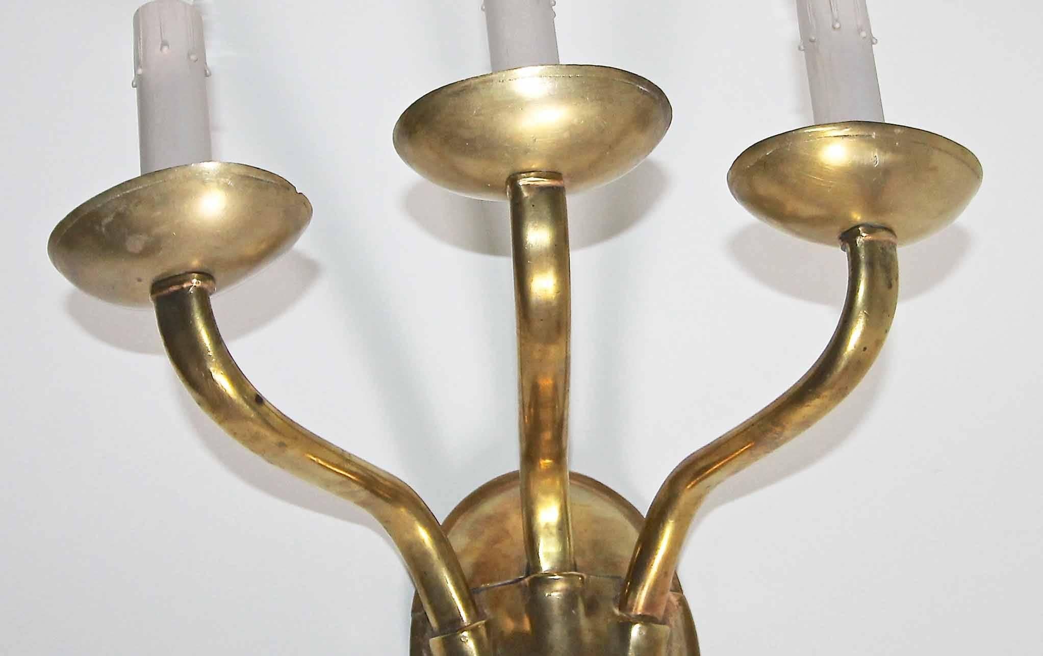 Pair of E F Caldwell Arts & Crafts Three-Arm Brass Wall Sconces 3