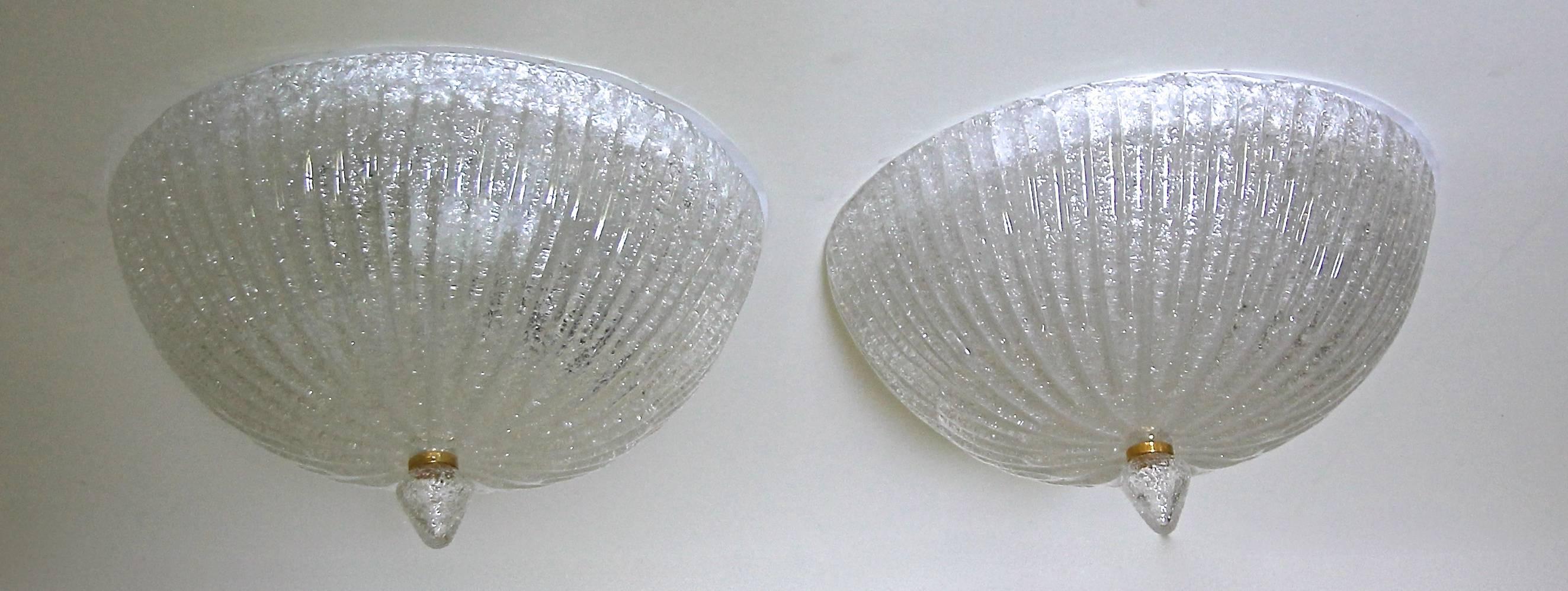 Pair of Murano Rugiadoso Clear Glass Flush Mount Ceiling Lights For Sale 3