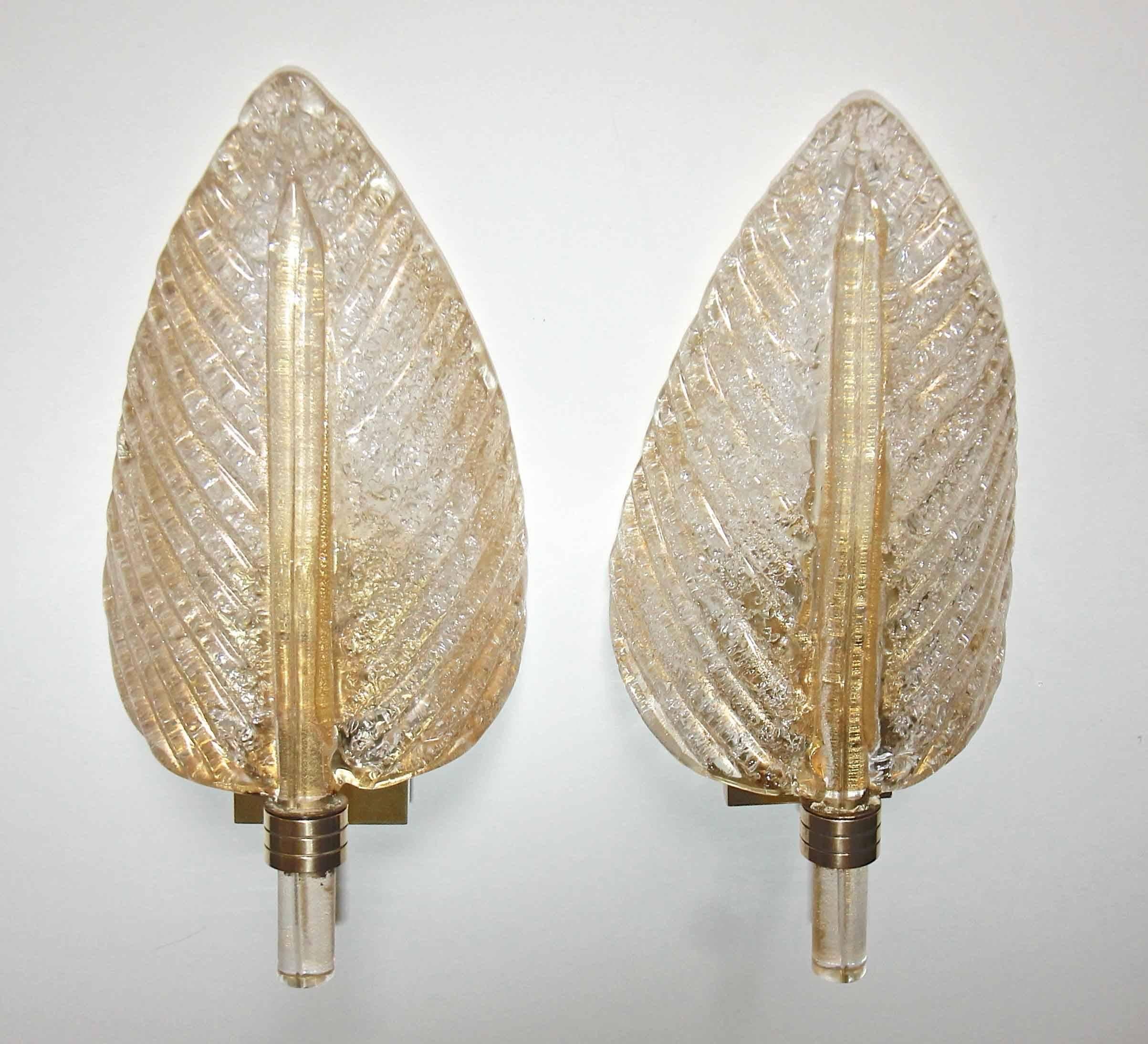 Italian Pair of Barovier & Toso Murano Glass Plume Leaf Wall Sconces