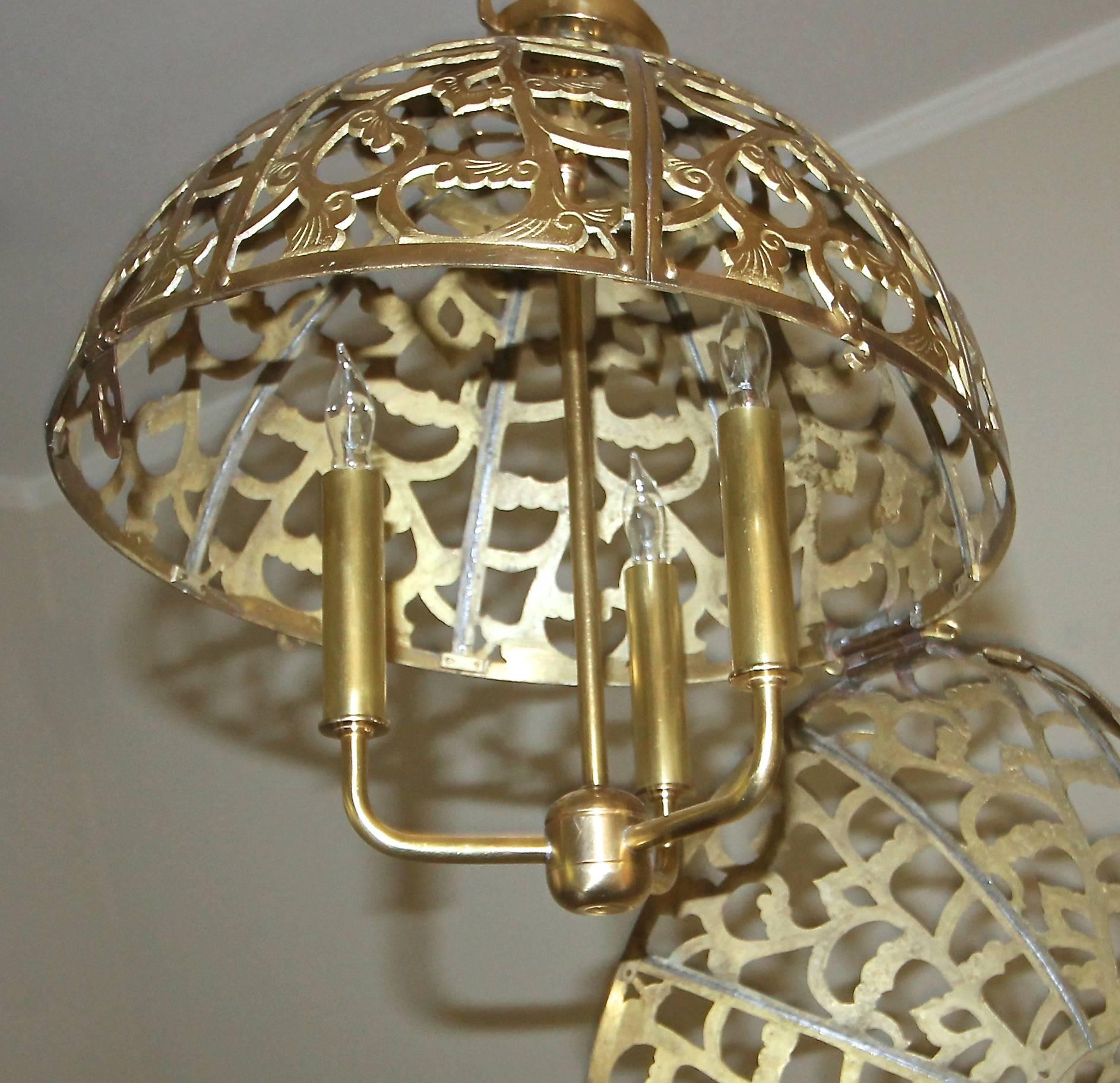 Mid-20th Century Large Pierced Filigree Brass Japanese Asian Ceiling Pendant Light
