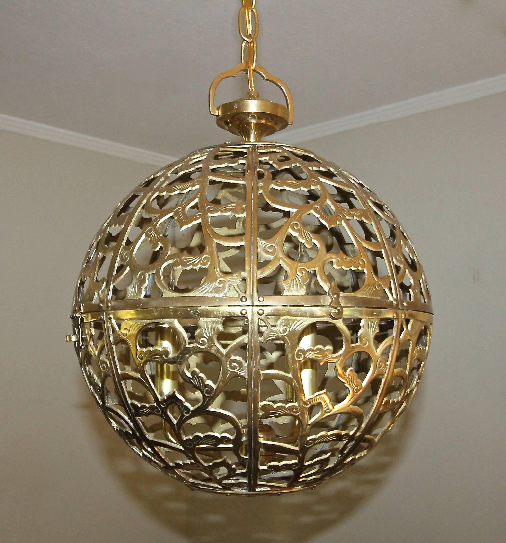 Large Pierced Filigree Brass Japanese Asian Ceiling Pendant Light 1