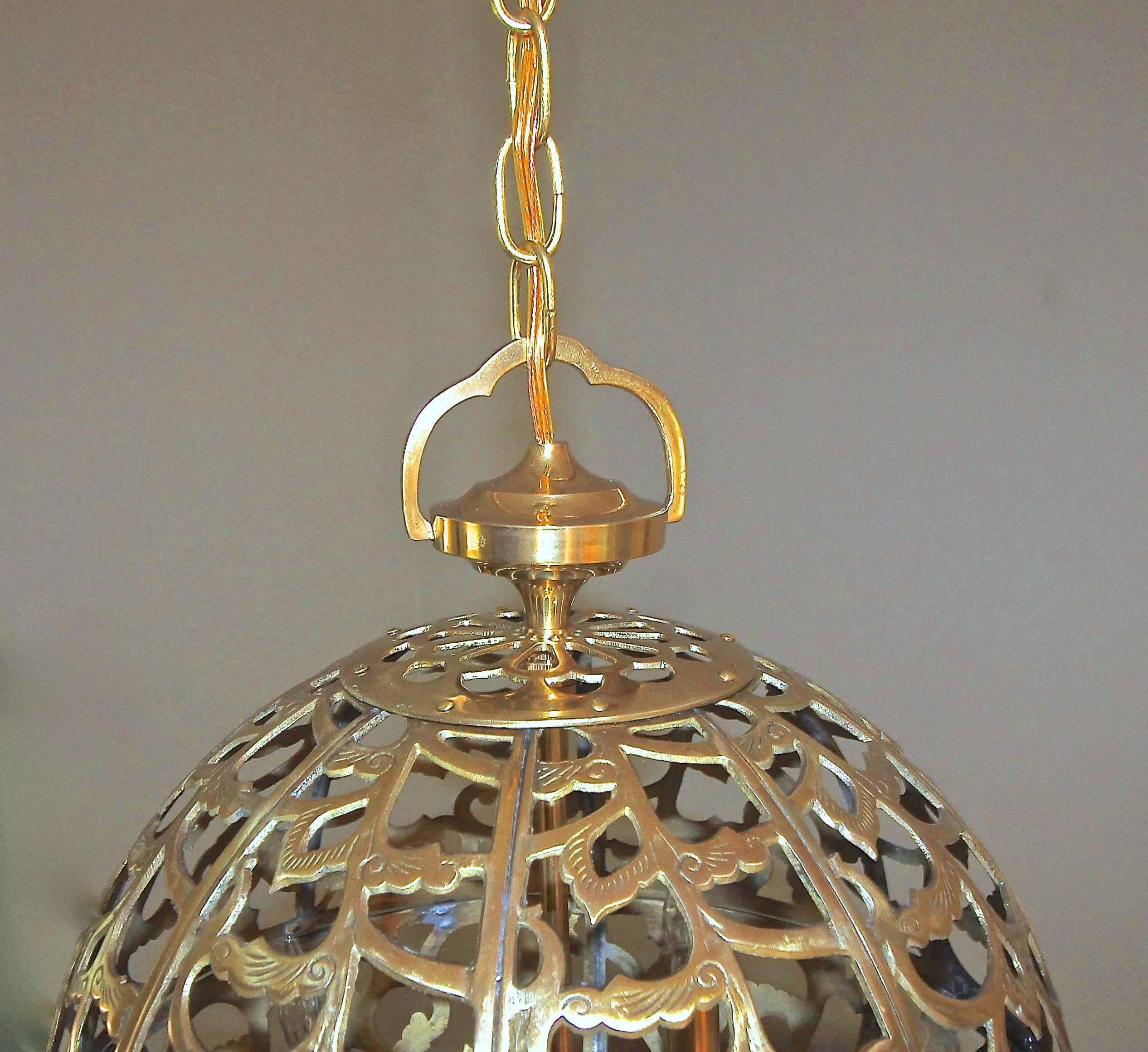 Large Pierced Filigree Brass Japanese Asian Ceiling Pendant Light 2