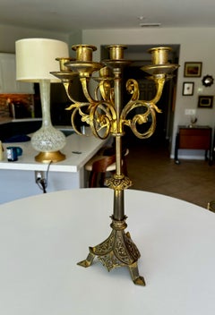 Single Antique Gothic Revival Brass 6 Light Candelabra