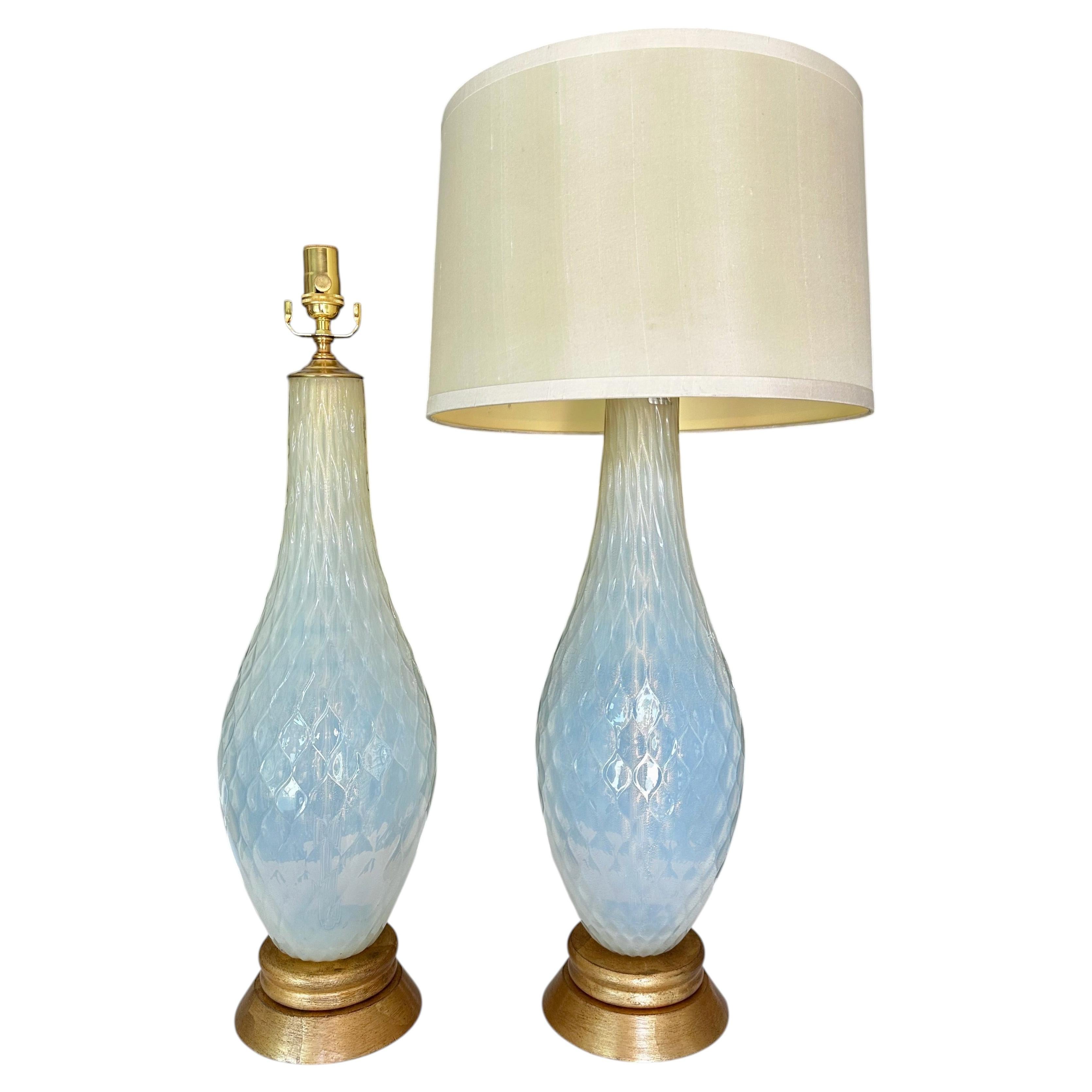 Pair Large Murano Opalescent Blue Gold Inclusions Table Lamps