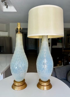 Pair Large Murano Opalescent Blue Gold Inclusions Table Lamps