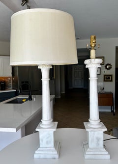 Pair Tall Italian Column Neoclassic Alabaster Table Lamps