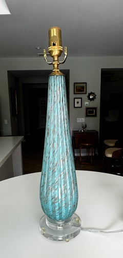 Barbini Murano Blue Copper Ribbed Glass Table Lamp