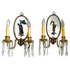 Coppia di applique a specchio in stile chinoiserie con finitura eglomisé - E F Caldwell