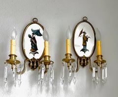Coppia di applique a specchio in stile chinoiserie con finitura eglomisé - E F Caldwell