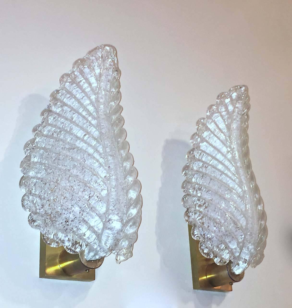 Pair of Murano glass wall sconces in leaf form by Barovier & Toso. Reverse side of glass in the 