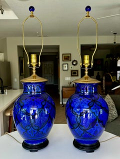 Pair of Vintage Mid-Century Moorish Safi Hand-Painted Cobalt Ceramic Table Lamps