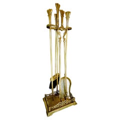 Vintage French Louis XVI Style Brass Fireplace Tool Set / Fleur-de-Lis Finial