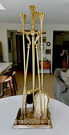 Vintage French Louis XVI Style Brass Fireplace Tool Set / Fleur-de-Lis Finial