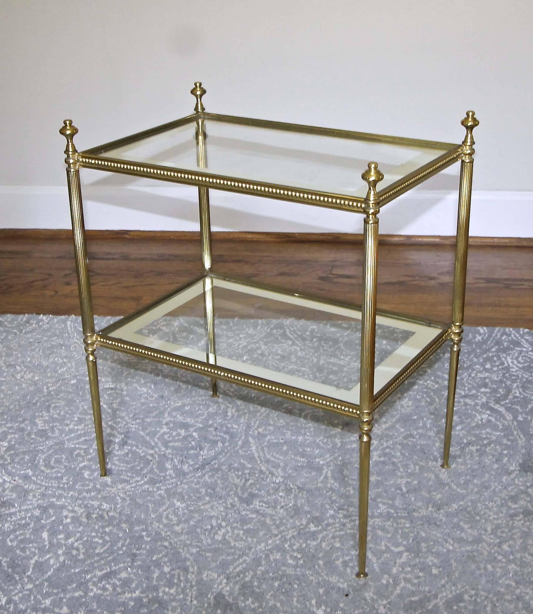 Pair of French Jansen Style Brass Side or End Tables Mirrored Glass Tops 1