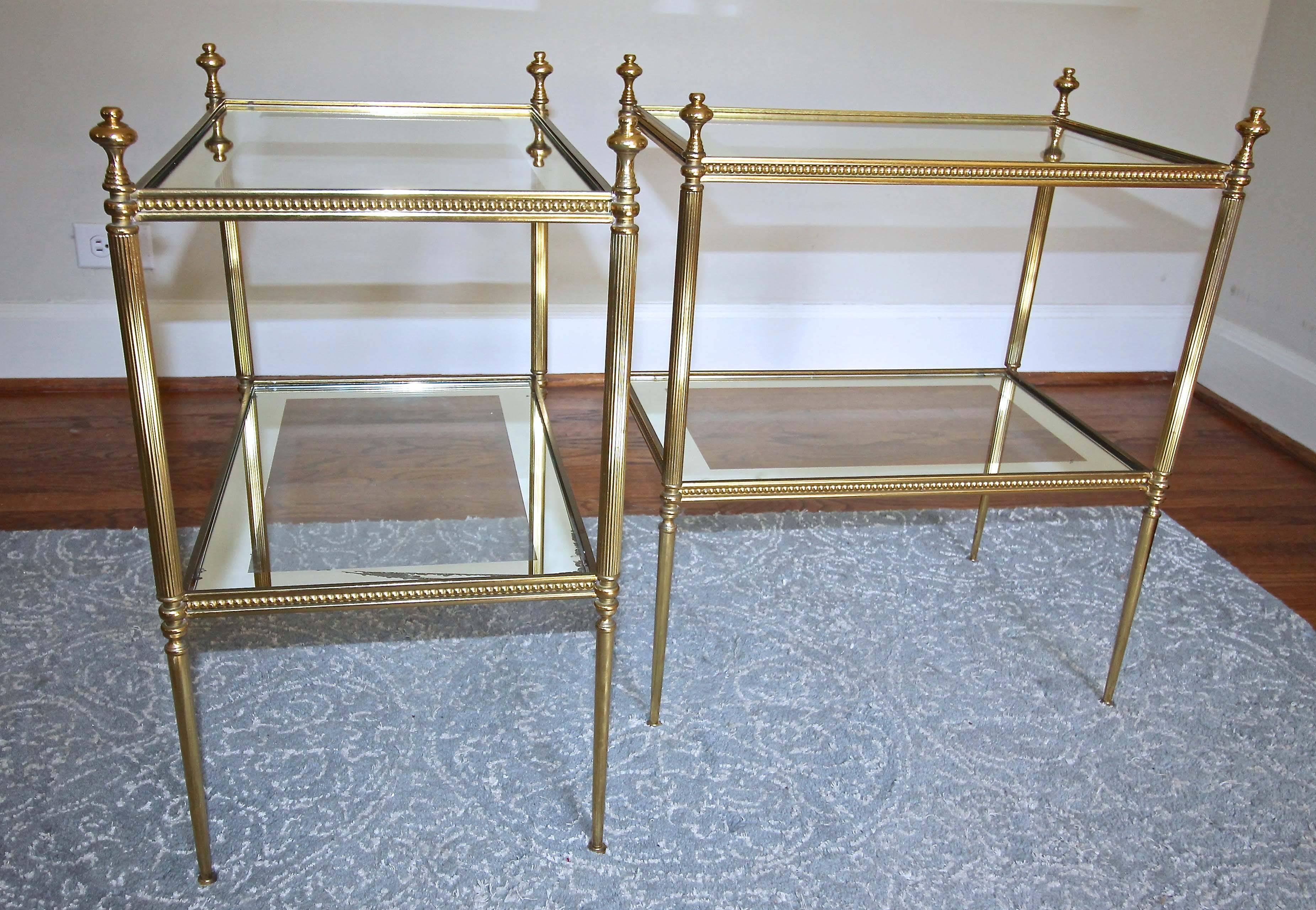 Pair of French Jansen Style Brass Side or End Tables Mirrored Glass Tops 4