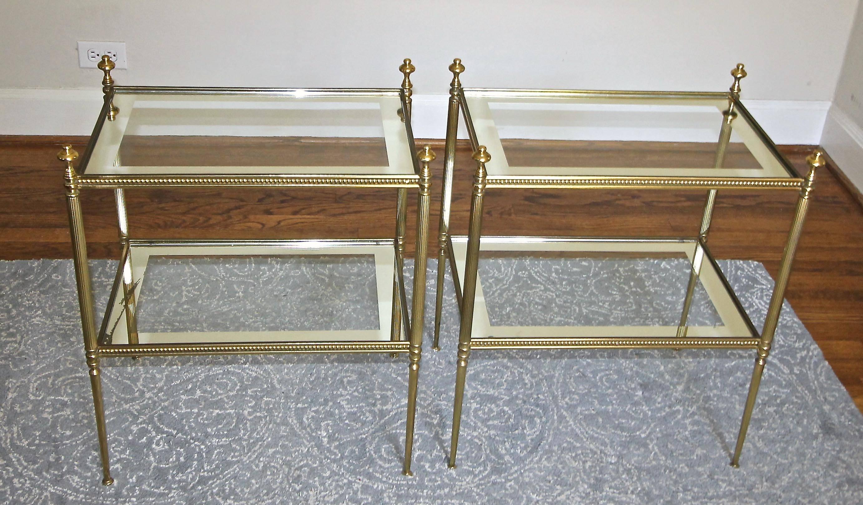 Pair of French Jansen Style Brass Side or End Tables Mirrored Glass Tops In Good Condition In Dallas, TX