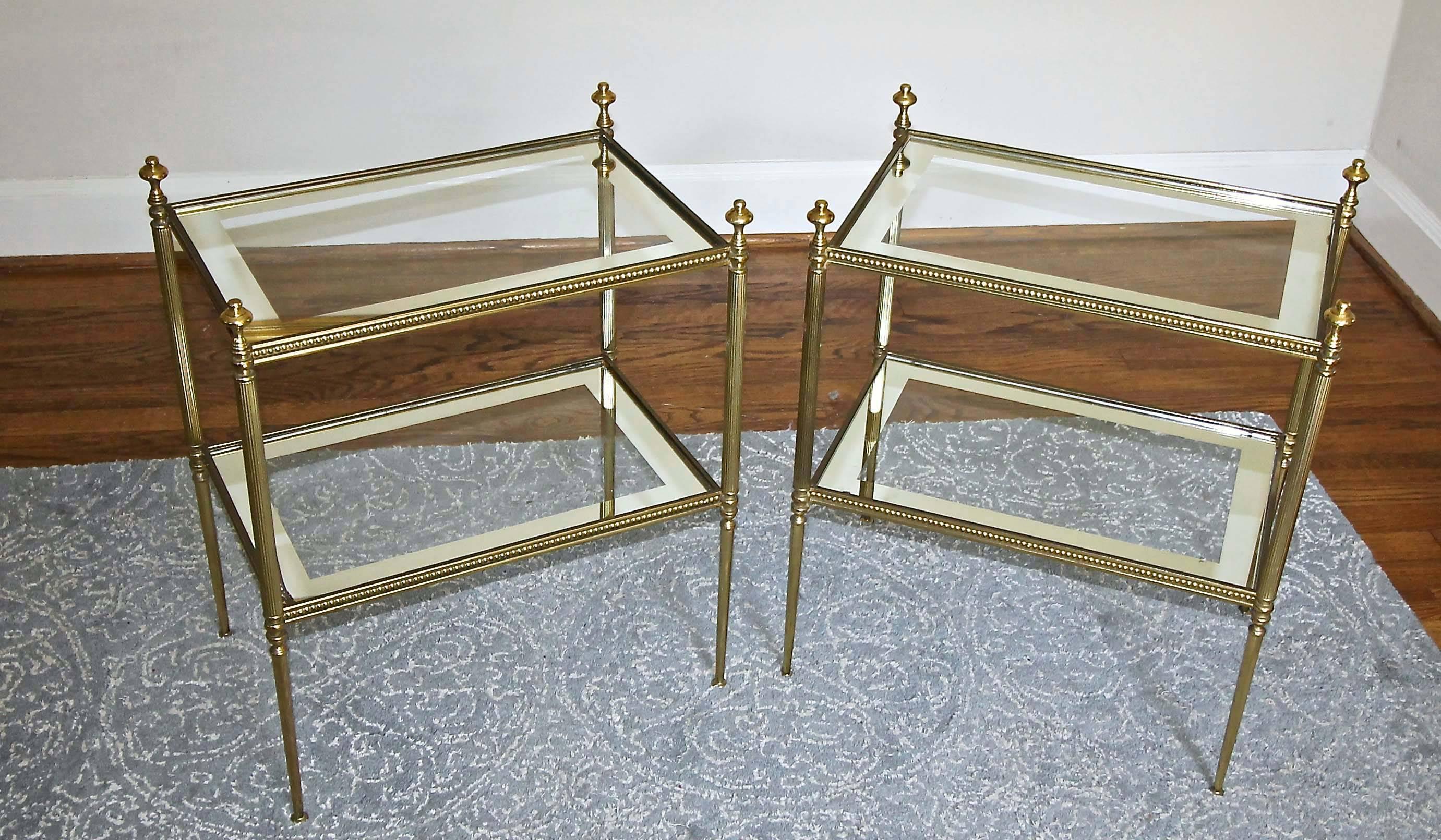 Pair of French Jansen Style Brass Side or End Tables Mirrored Glass Tops 6