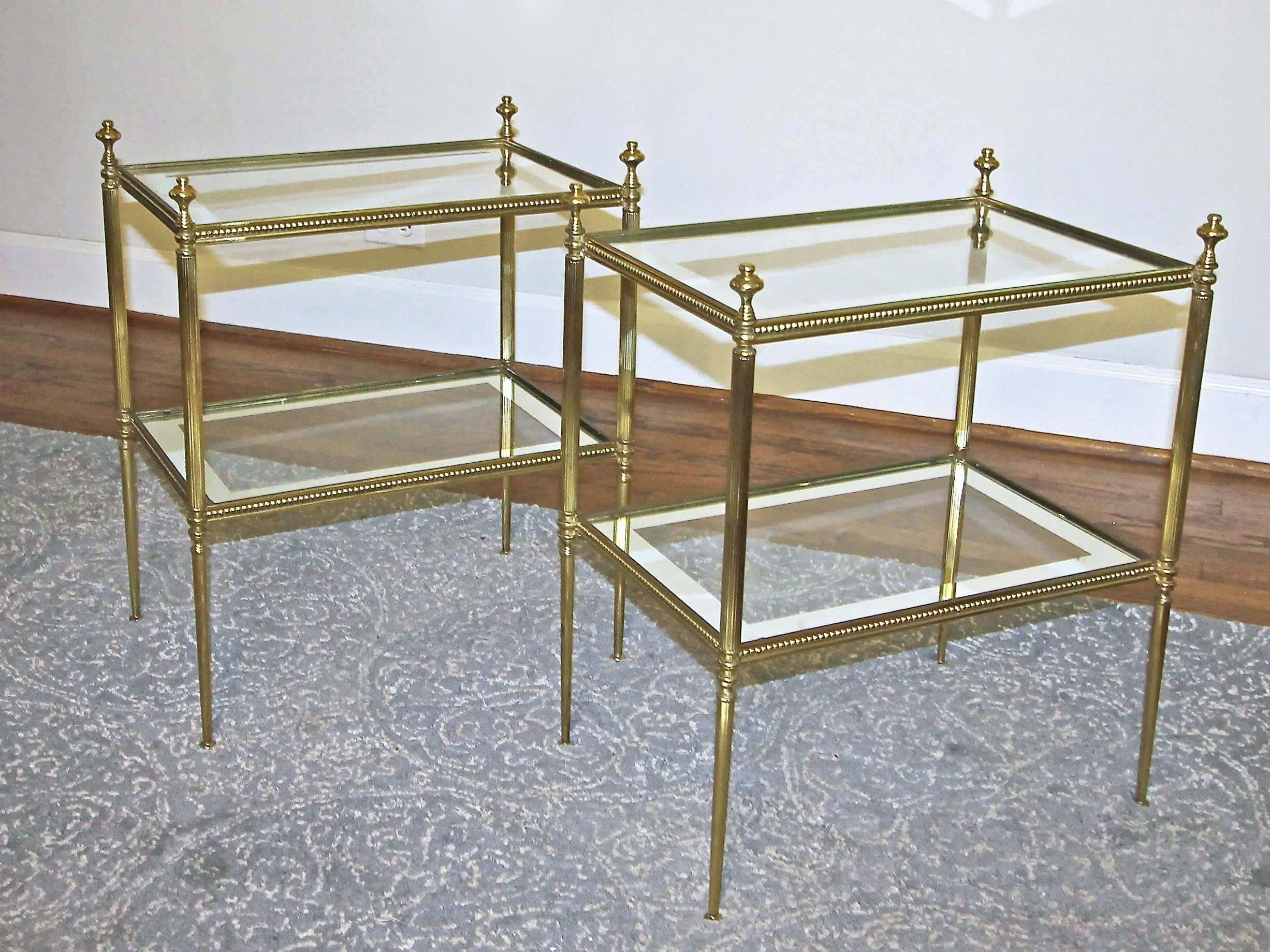 Mid-20th Century Pair of French Jansen Style Brass Side or End Tables Mirrored Glass Tops