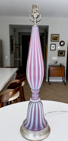 Large Raspberry Lavender Opaline Murano Glass Ribbed Table Lamp By Barovier