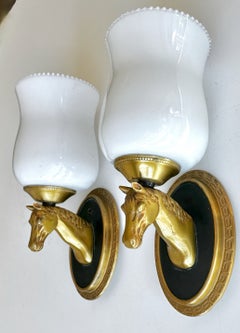 1950s French Neoclassical Brass Horse Sconces Opaline Shades by Maison Lancel