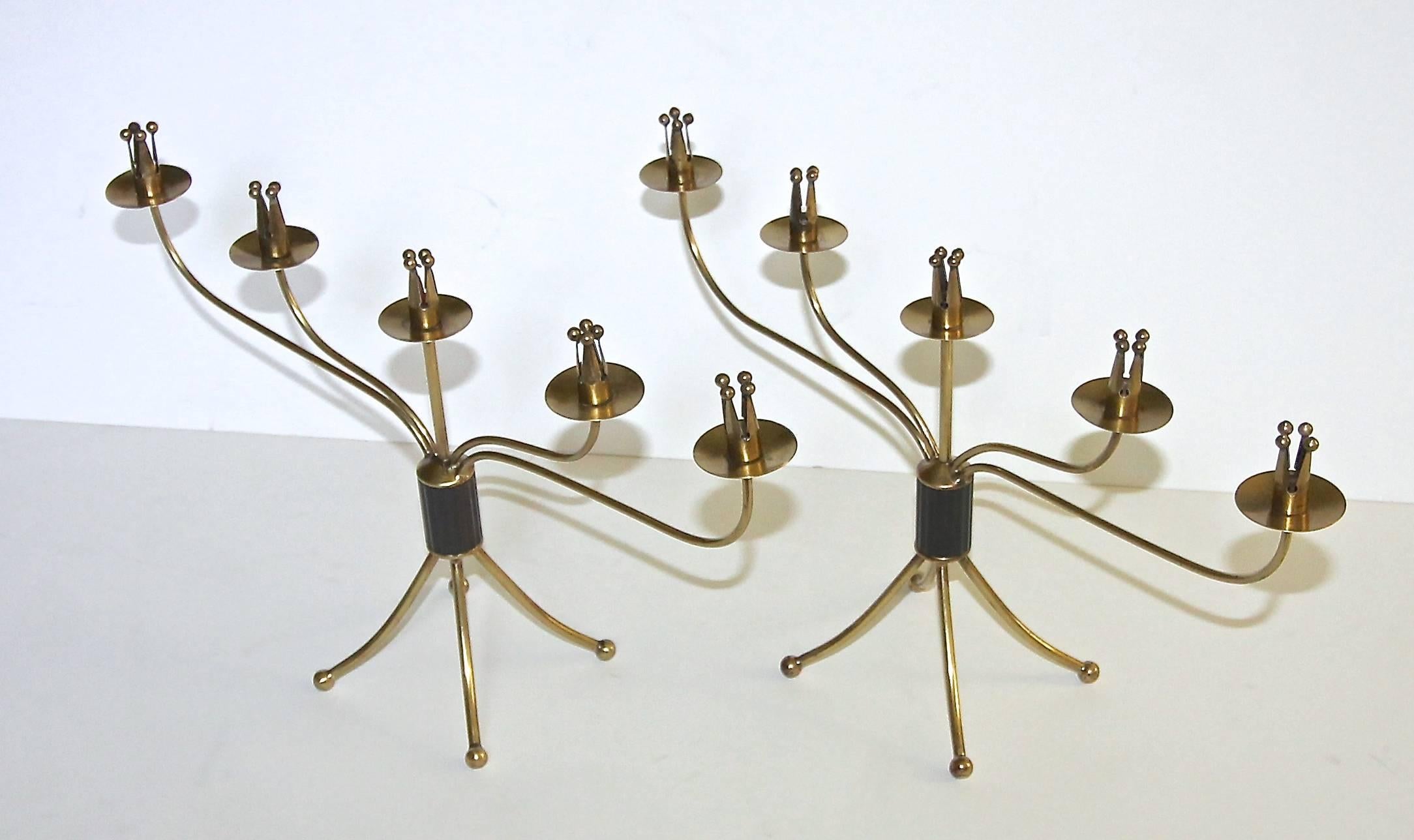 Pair of Swedish Brass Mid-Century Candelabras Candleholders In Good Condition In Palm Springs, CA