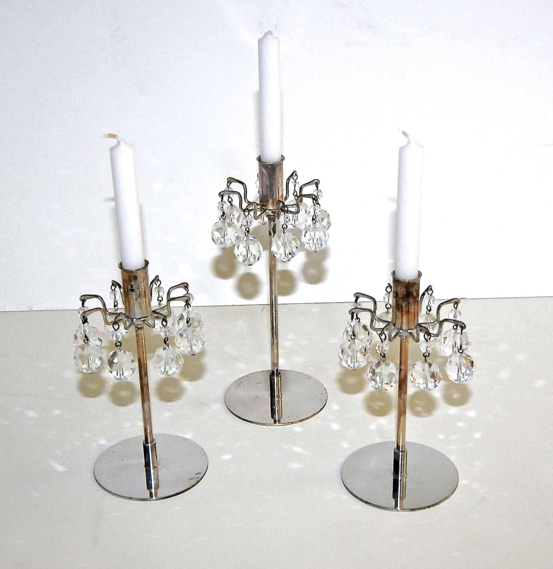 Austrian Trio Lobmeyr Diminutive Silver Plate Crystal Candleholders For Sale